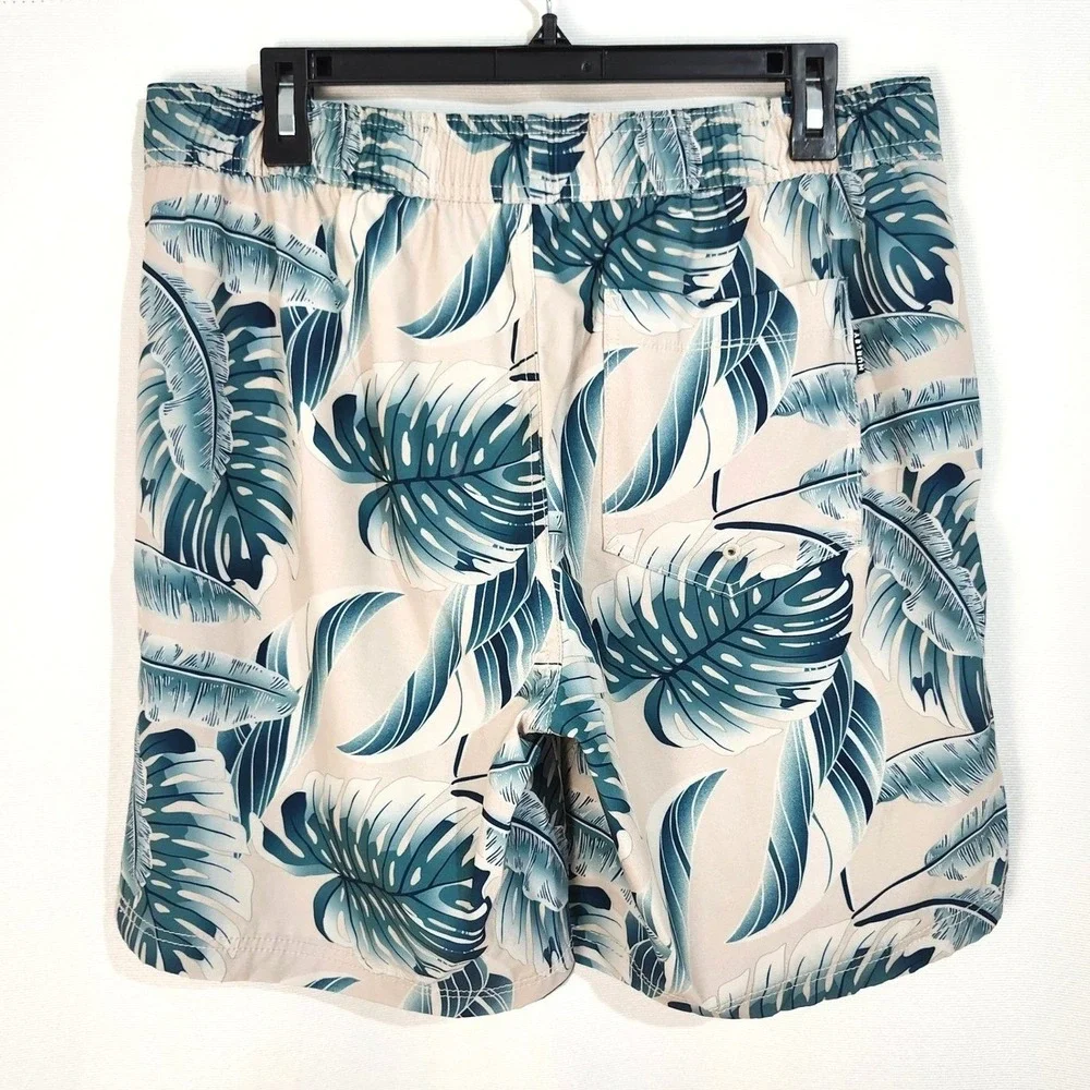 Hurley Lined Swim Trunks Mens Large Tropical‎ Palm Leaf Print Green Cream Shorts